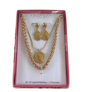 Laundry by Shelli Segal Gold Tone Layered Chain Necklace and Earring Set NWT